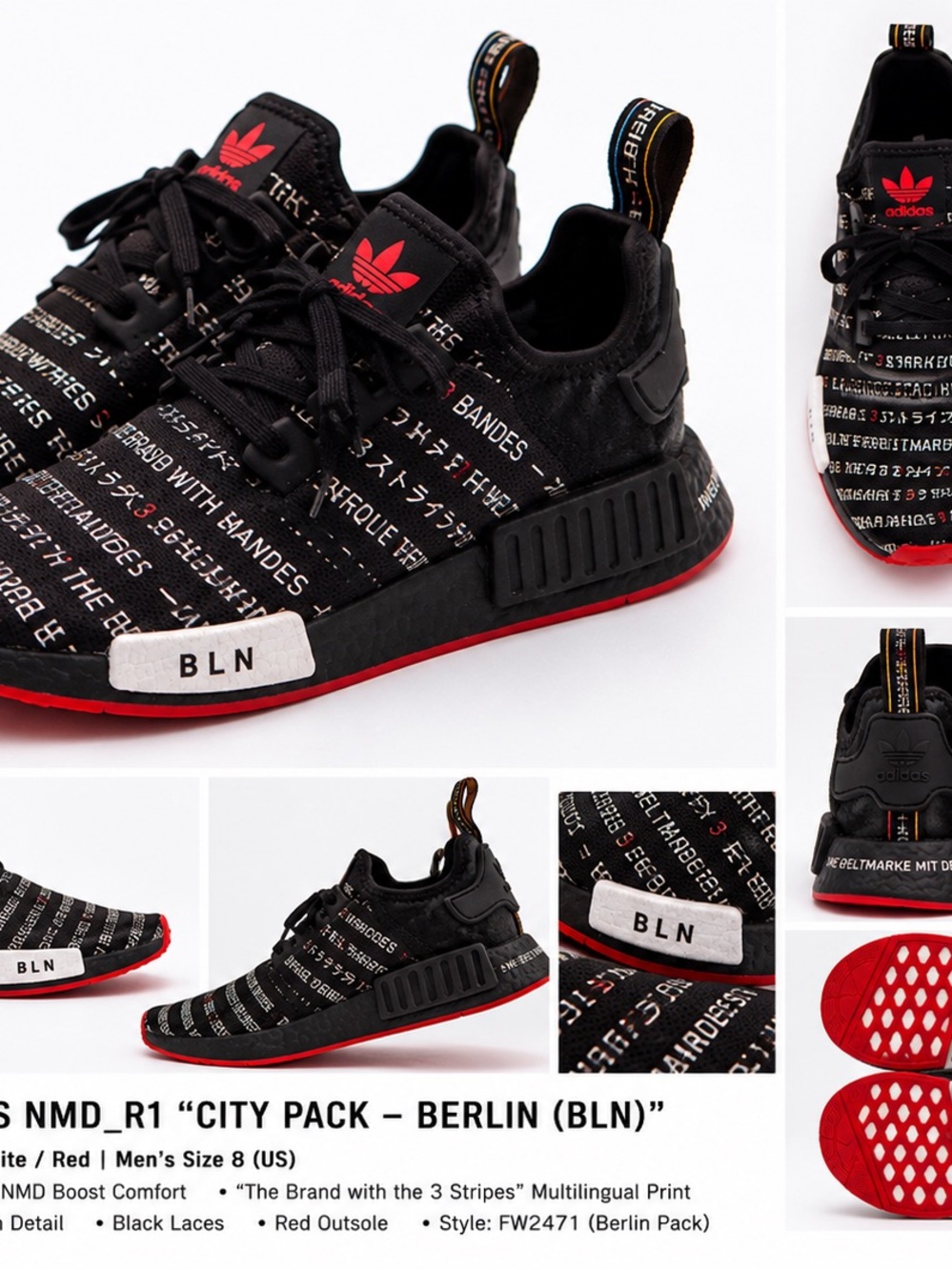 ADIDAS NMD_R1 Berlin BLN Black Red Multilingual Print Men’s 8